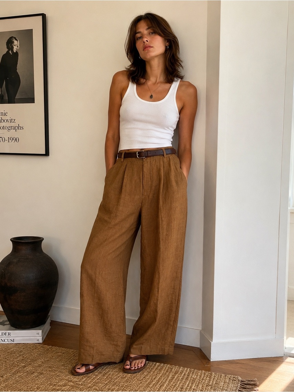 90s Vintage Gap Linen Women's Wide-Leg Trousers in Brown- Size 8